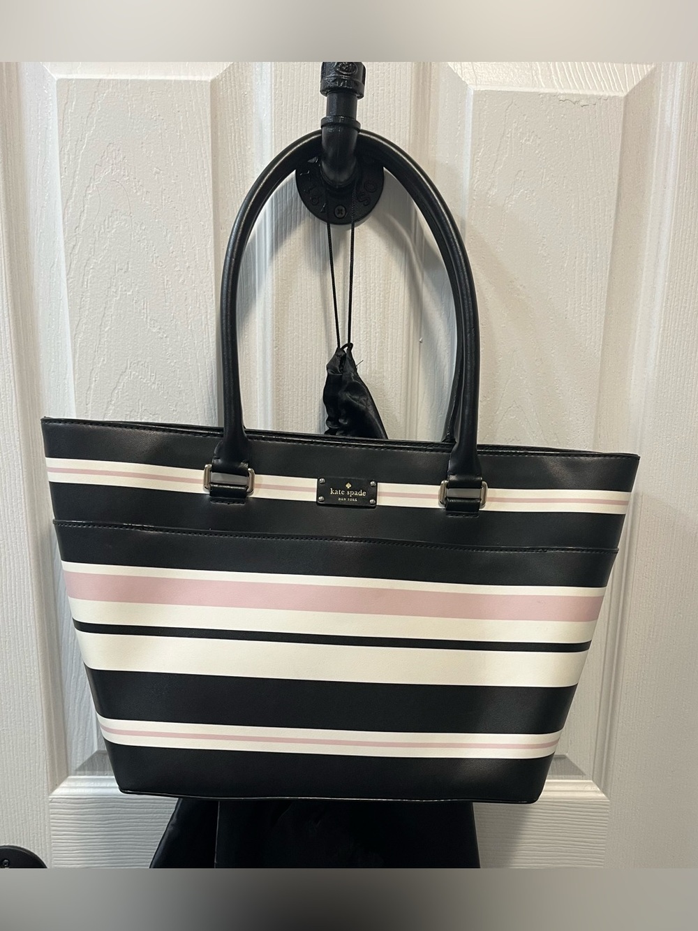 kate spade Black, Pink & White Striped Tote. EUC - Includes Unbranded Dustbag